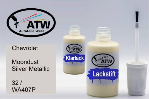 Chevrolet, Moondust Silver Metallic, 32 / WA407P: 20ml Lackstift + 20ml Klarlack - Set, von ATW Autoteile West.